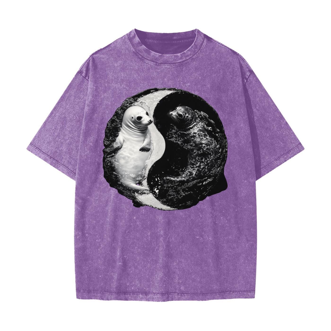 Ying Yang Harp Seal in Water Yin Yang Pool Streetwear American Vintage Waxed Dyed Washed  Heavyweight 100% Cotton T-Shirt