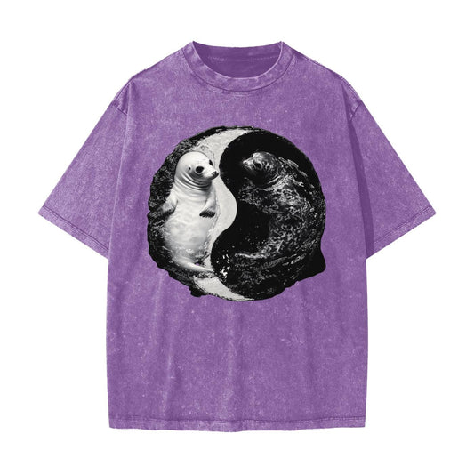 Ying Yang Harp Seal in Water Yin Yang Pool Streetwear American Vintage Waxed Dyed Washed  Heavyweight 100% Cotton T-Shirt