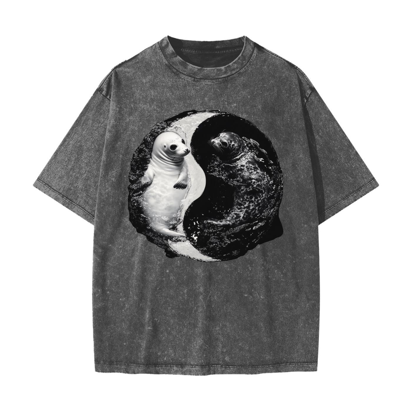 Ying Yang Harp Seal in Water Yin Yang Pool Streetwear American Vintage Waxed Dyed Washed  Heavyweight 100% Cotton T-Shirt