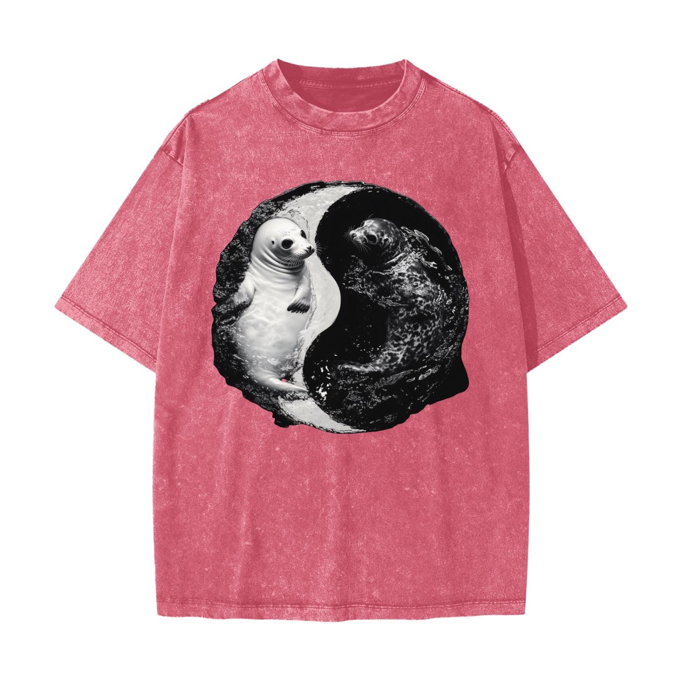 Ying Yang Harp Seal in Water Yin Yang Pool Streetwear American Vintage Waxed Dyed Washed  Heavyweight 100% Cotton T-Shirt