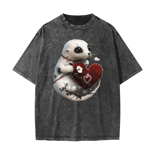 Stitched Valentines Day Grunge Baby Harp Seal Holding Heart 2 Streetwear American Vintage Waxed Dyed Washed  Heavyweight 100% Cotton T-Shirt