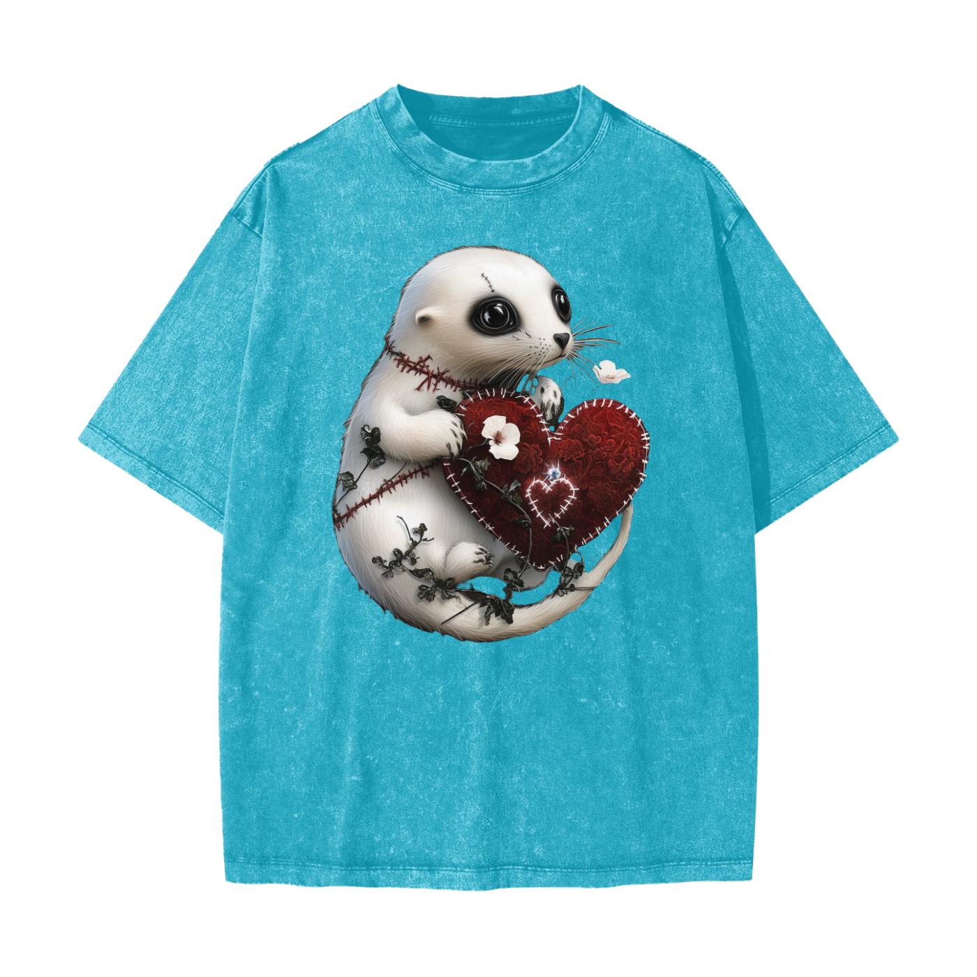 Stitched Valentines Day Grunge Baby Harp Seal Holding Heart 2 Streetwear American Vintage Waxed Dyed Washed  Heavyweight 100% Cotton T-Shirt