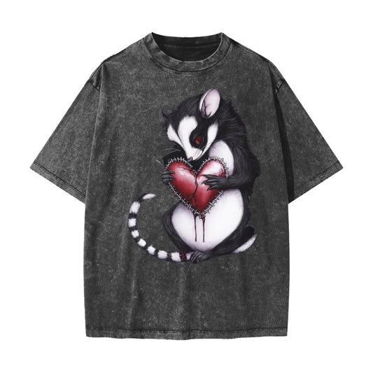 Thorned Metal Grunge Goth Opossum Heart Valentines Day Streetwear American Vintage Waxed Dyed Washed  Heavyweight 100% Cotton T-Shirt
