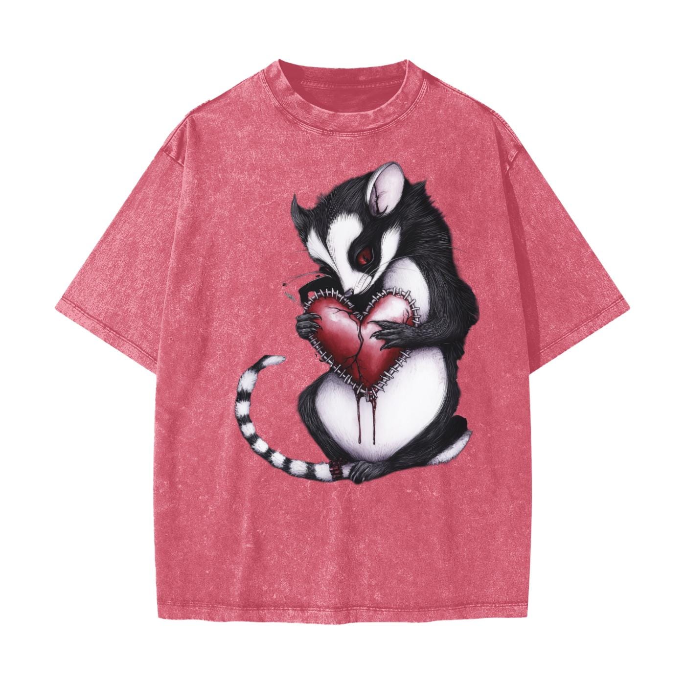 Thorned Metal Grunge Goth Opossum Heart Valentines Day Streetwear American Vintage Waxed Dyed Washed  Heavyweight 100% Cotton T-Shirt