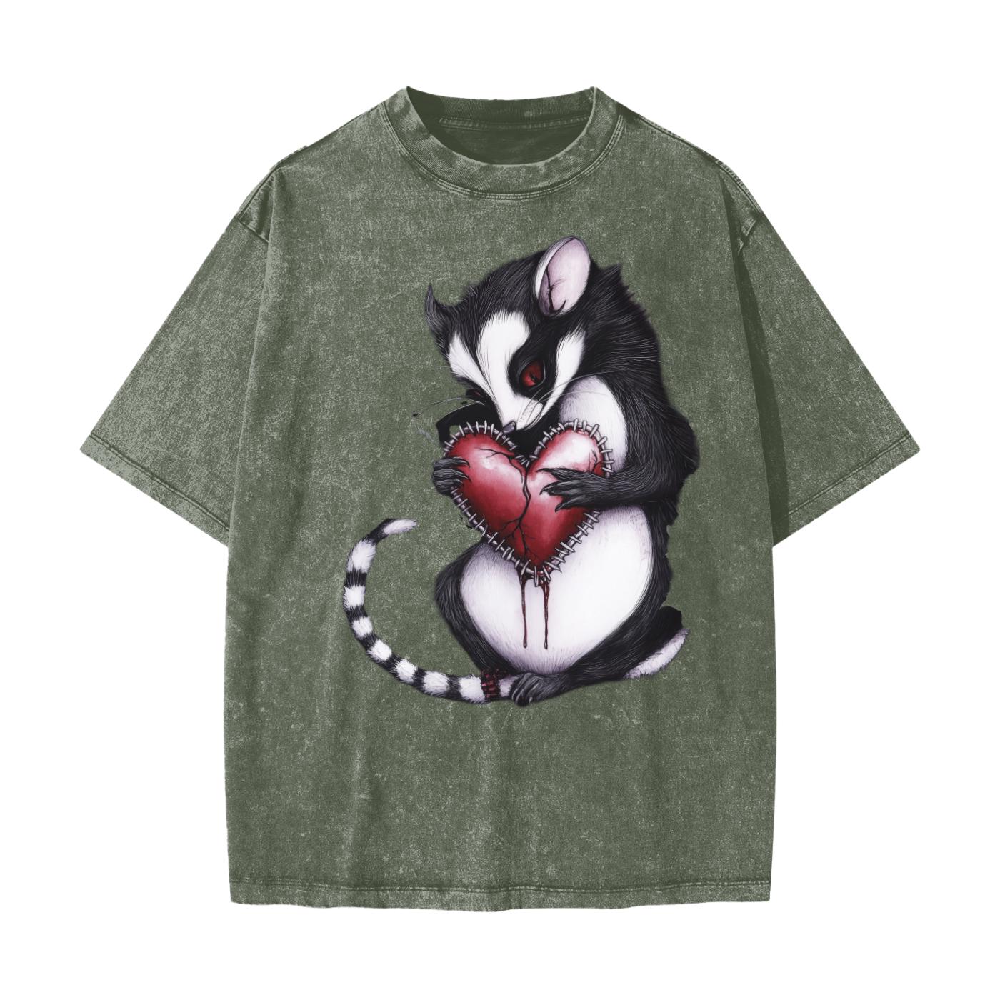 Thorned Metal Grunge Goth Opossum Heart Valentines Day Streetwear American Vintage Waxed Dyed Washed  Heavyweight 100% Cotton T-Shirt