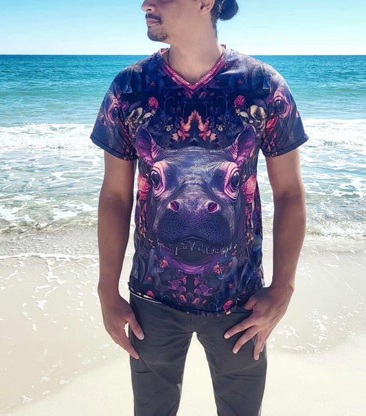 Purple Fractal Pygmy Hippo Psychedelic Mushroom Leave Cottagecore EDM Festival Dip All-Over Print V-Neck T-Shirt