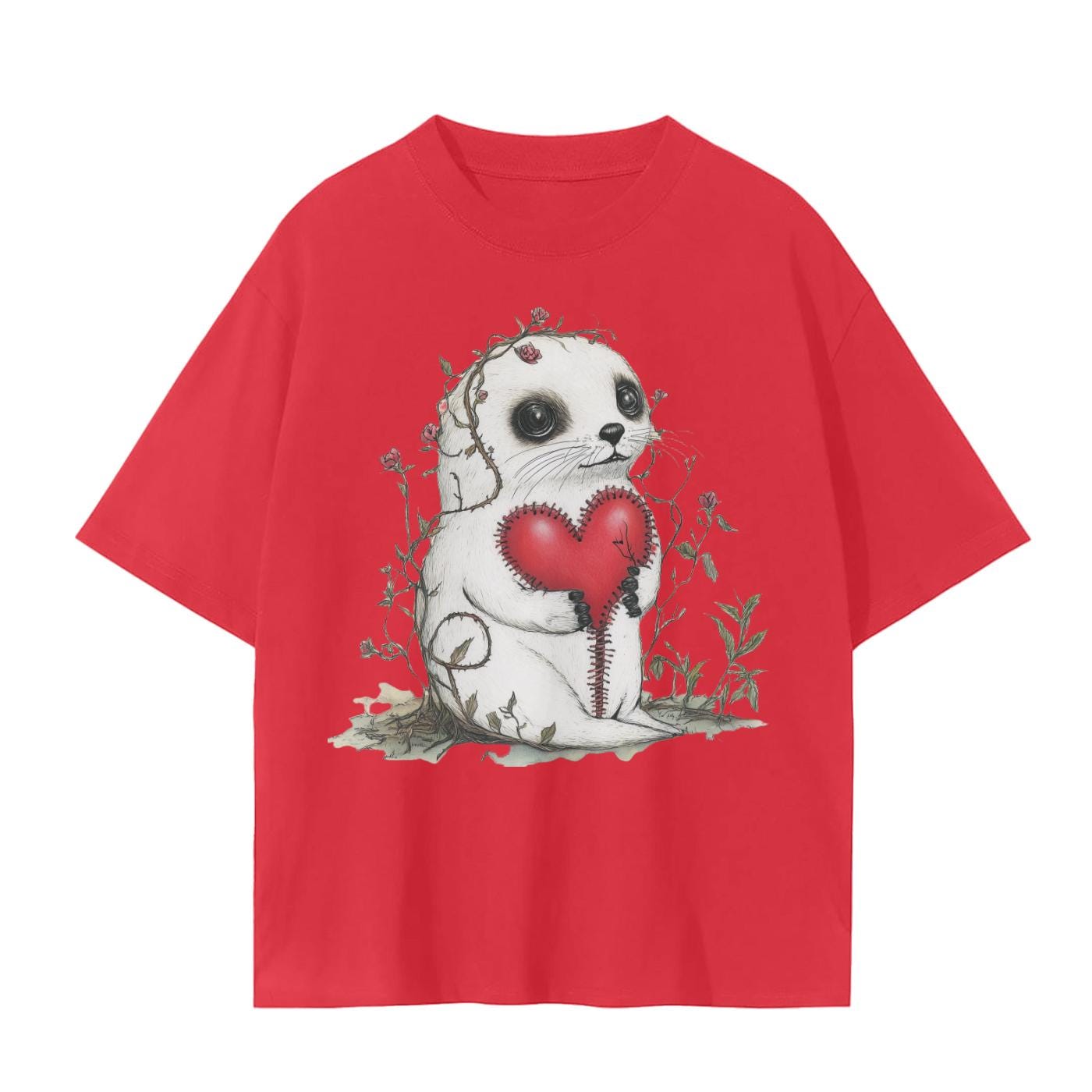 Baby Harp Seal Stitch Heart Vines Field Valentines Day Grunge 1 Unisex Seamless T-Shirt - 230 GSM