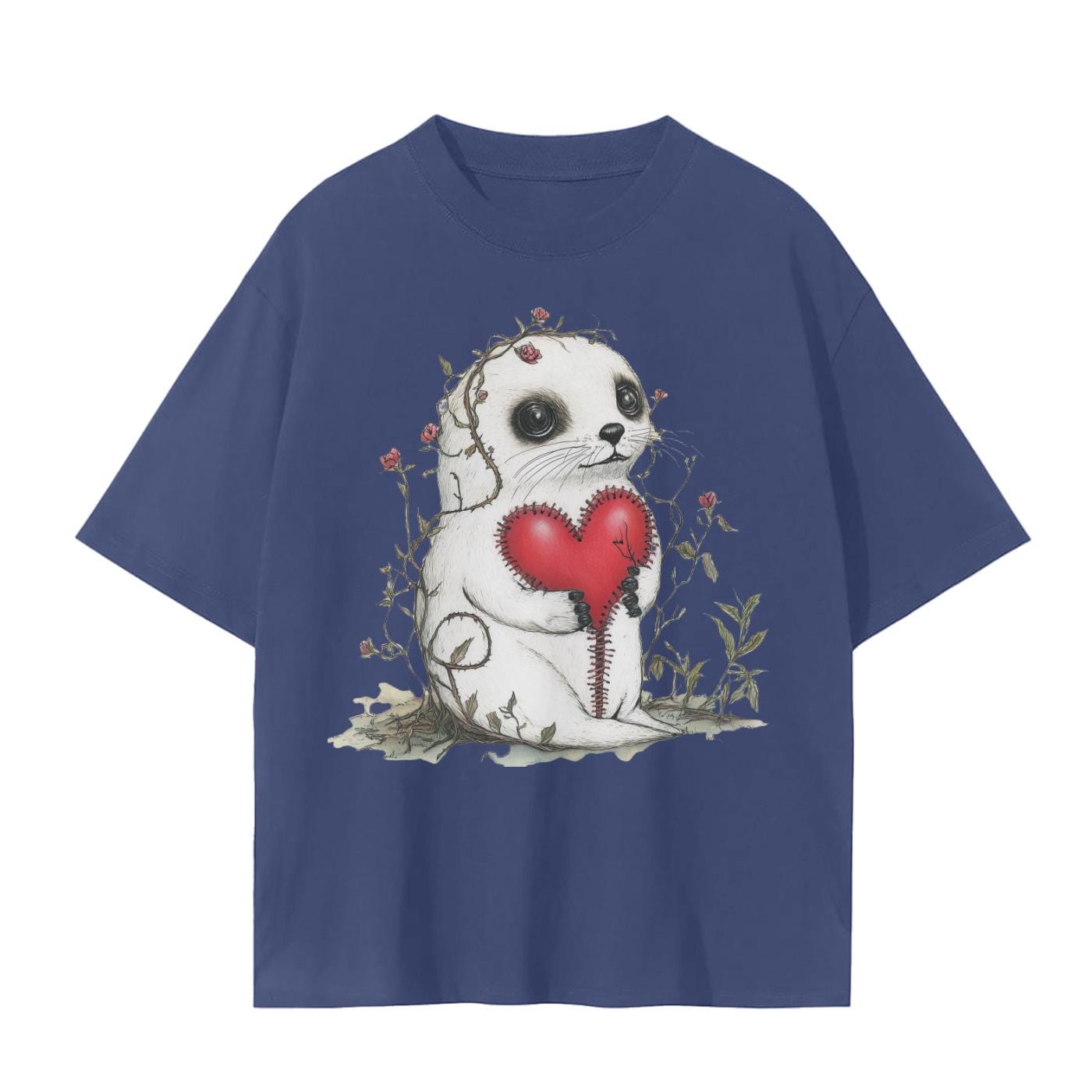 Baby Harp Seal Stitch Heart Vines Field Valentines Day Grunge 1 Unisex Seamless T-Shirt - 230 GSM