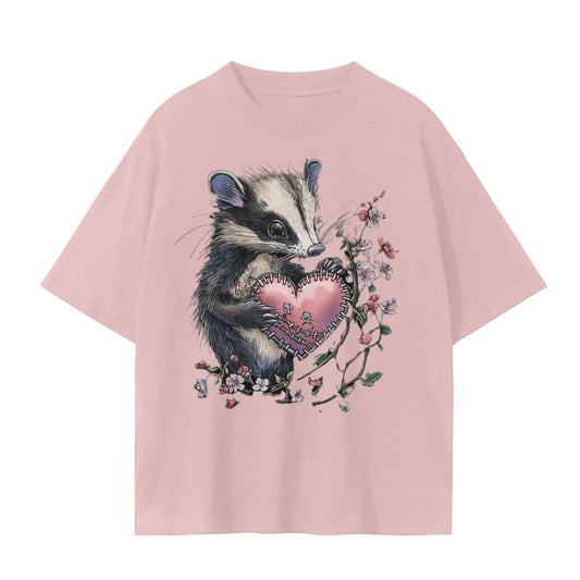 Opossum Stitched Grunge Heart with Cherry Blossoms V Day Unisex Seamless T-Shirt - 230 GSM