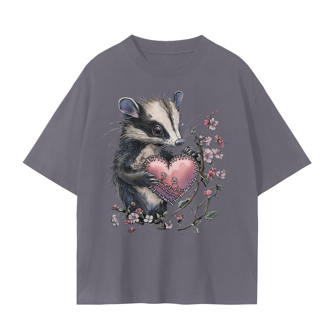 Opossum Stitched Grunge Heart with Cherry Blossoms V Day Unisex Seamless T-Shirt - 230 GSM