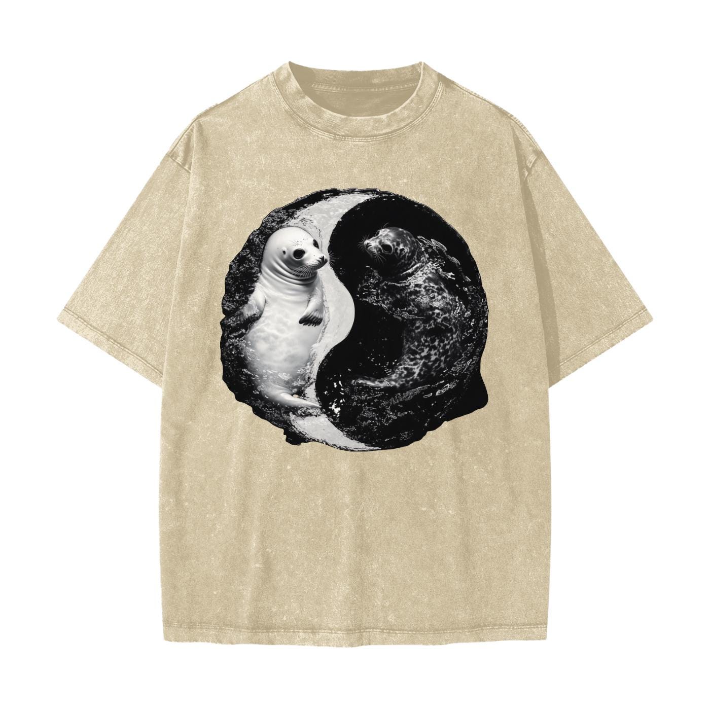 Ying Yang Harp Seal in Water Yin Yang Pool Streetwear American Vintage Waxed Dyed Washed  Heavyweight 100% Cotton T-Shirt