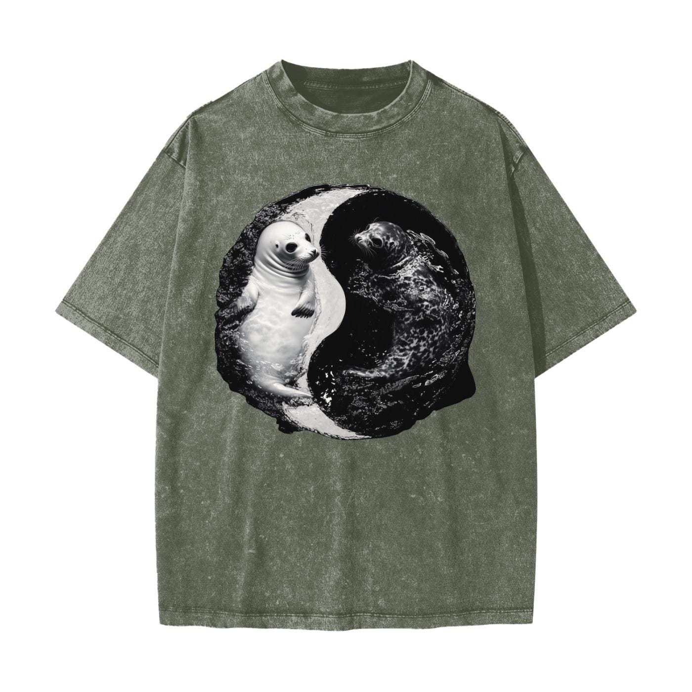 Ying Yang Harp Seal in Water Yin Yang Pool Streetwear American Vintage Waxed Dyed Washed  Heavyweight 100% Cotton T-Shirt