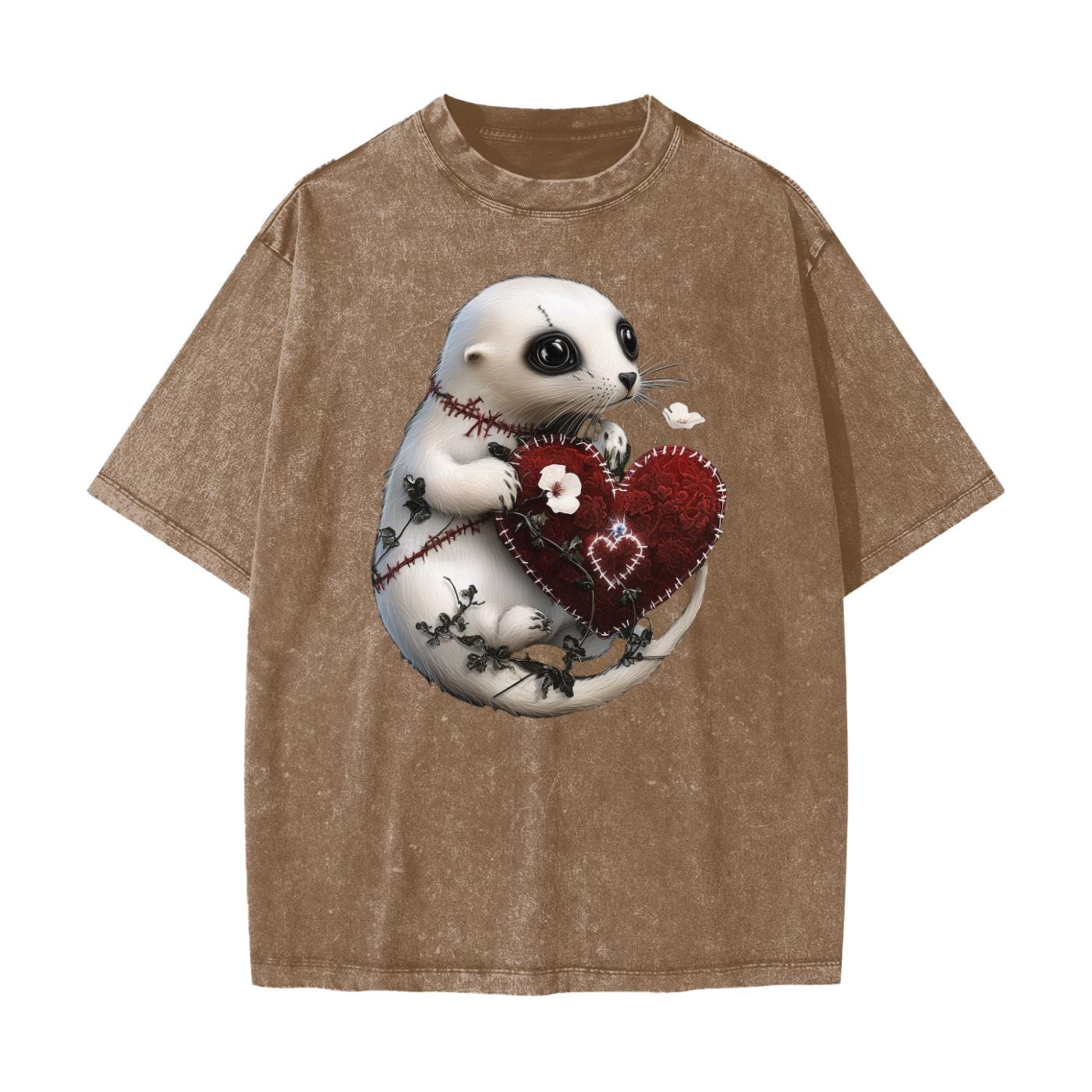 Stitched Valentines Day Grunge Baby Harp Seal Holding Heart 2 Streetwear American Vintage Waxed Dyed Washed  Heavyweight 100% Cotton T-Shirt