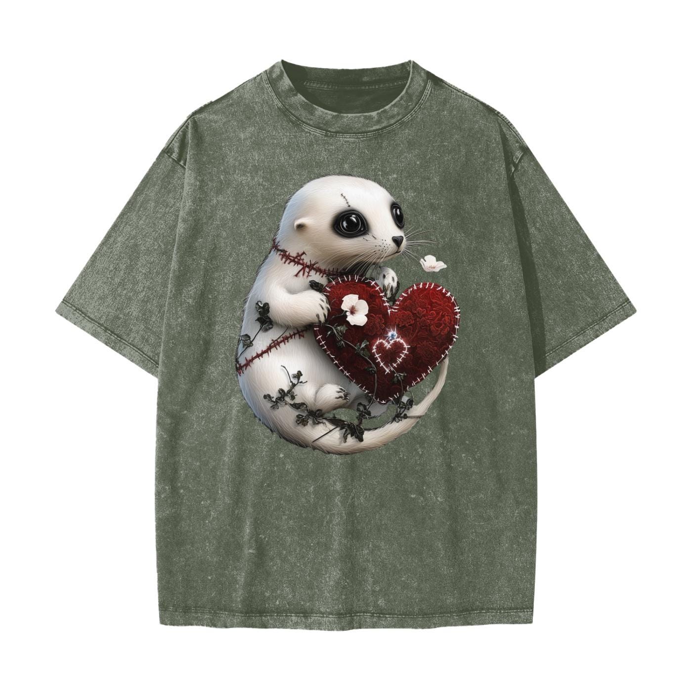 Stitched Valentines Day Grunge Baby Harp Seal Holding Heart 2 Streetwear American Vintage Waxed Dyed Washed  Heavyweight 100% Cotton T-Shirt