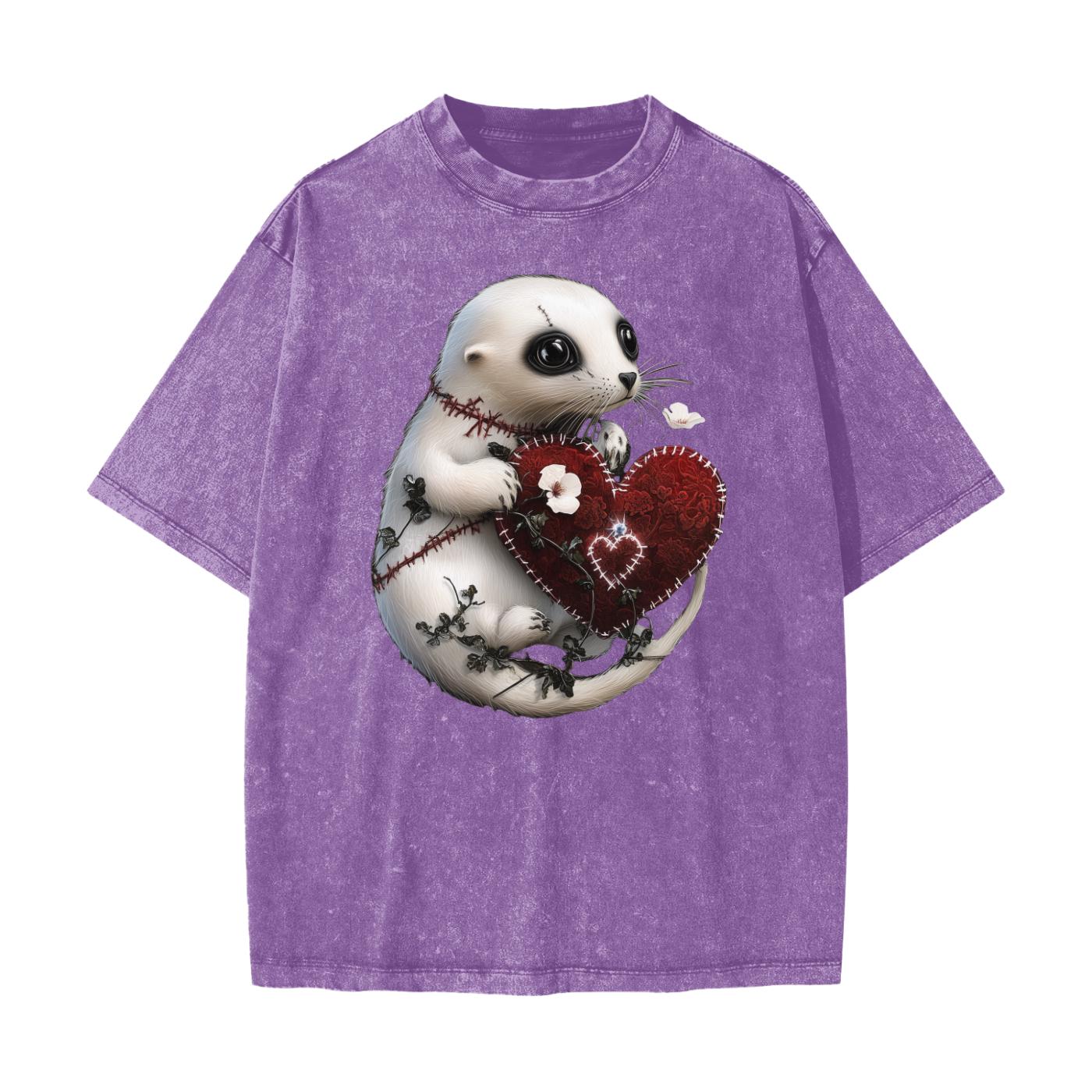 Stitched Valentines Day Grunge Baby Harp Seal Holding Heart 2 Streetwear American Vintage Waxed Dyed Washed  Heavyweight 100% Cotton T-Shirt