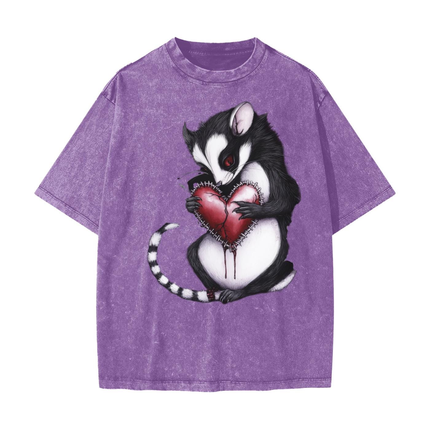 Thorned Metal Grunge Goth Opossum Heart Valentines Day Streetwear American Vintage Waxed Dyed Washed  Heavyweight 100% Cotton T-Shirt