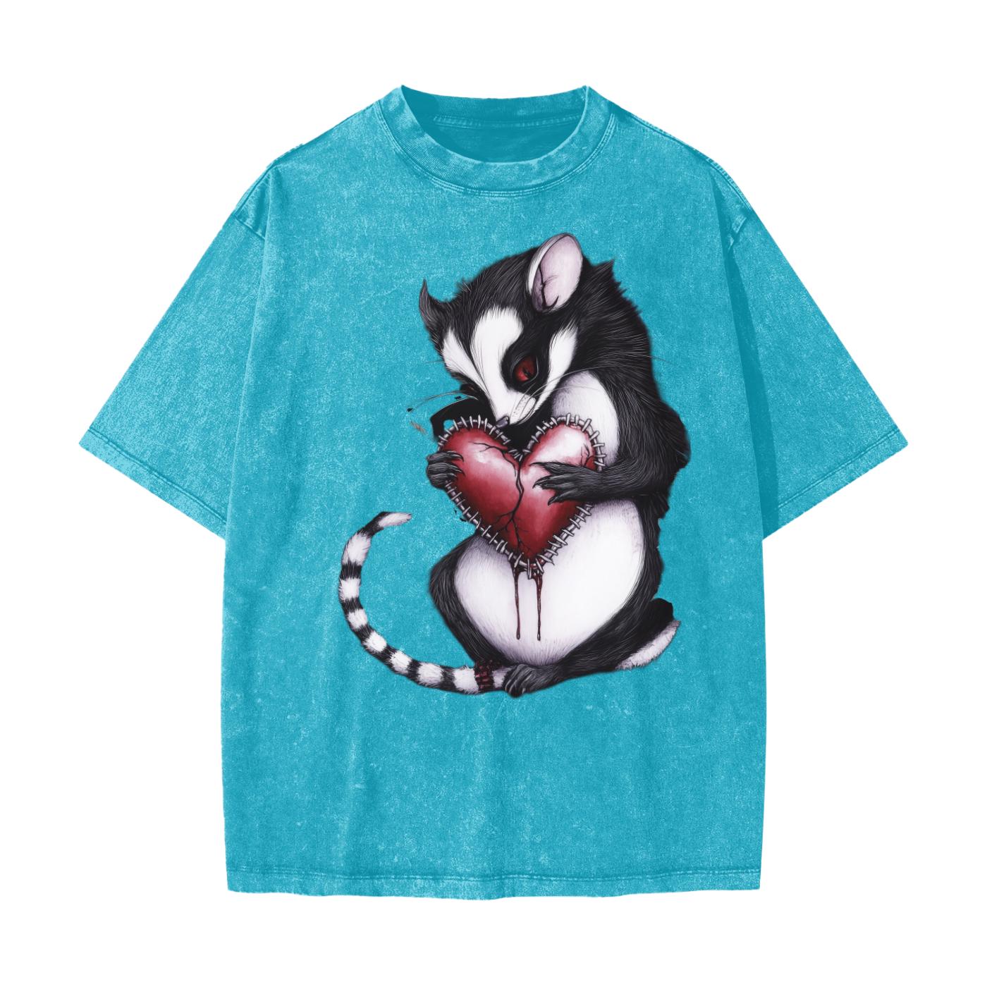 Thorned Metal Grunge Goth Opossum Heart Valentines Day Streetwear American Vintage Waxed Dyed Washed  Heavyweight 100% Cotton T-Shirt