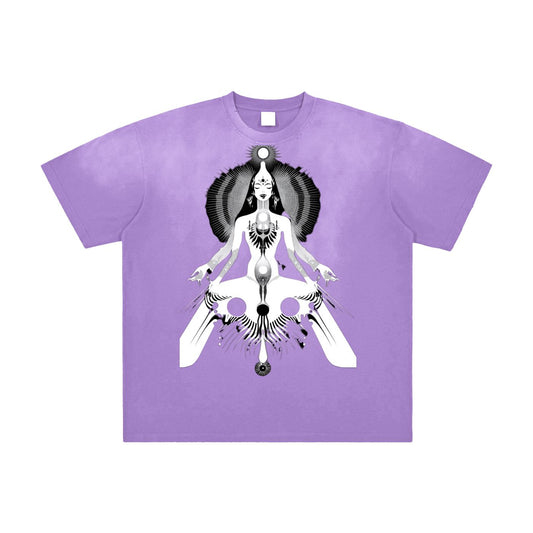 Kah Sun Ray Crown Figural Contrast Grunge Violet Psy Festival Wash Vintage Washed Frayed T-Shirt