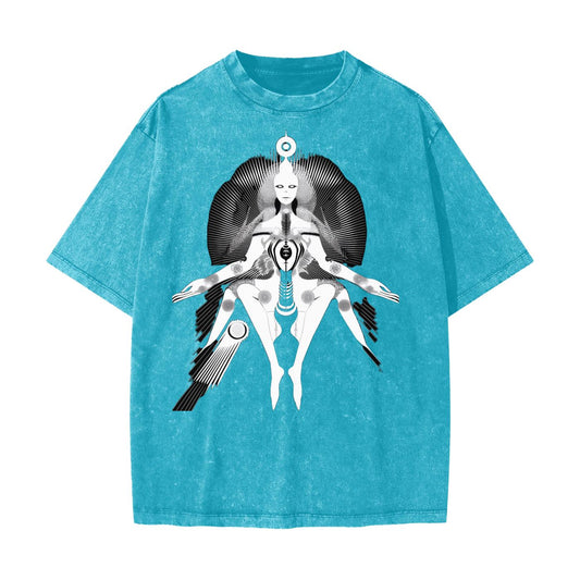 Beach Grunge Wash Sun Crown Pleiadean Psy Alien Figural Contrast Touchdown Streetwear American Vintage Waxed Dyed Washed  Heavyweight 100% C
