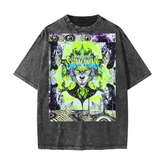 Akashic Neon Lime Ink Drip Shamanink Dimensional Fractal Head Burst Streetwear American Vintage Waxed Dyed Washed  Heavyweight 100% Cotton T