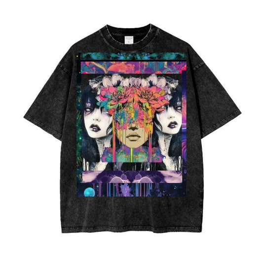 Galactic Lotus Blotter 3 Dimensional Festival Psychedelic Ink Drip Shamanink Bordered Acid Wash Oversize T-Shirt - 250 GSM