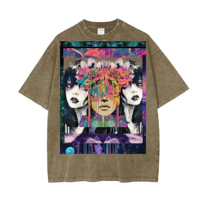 Galactic Lotus Blotter 3 Dimensional Festival Psychedelic Ink Drip Shamanink Bordered Acid Wash Oversize T-Shirt - 250 GSM