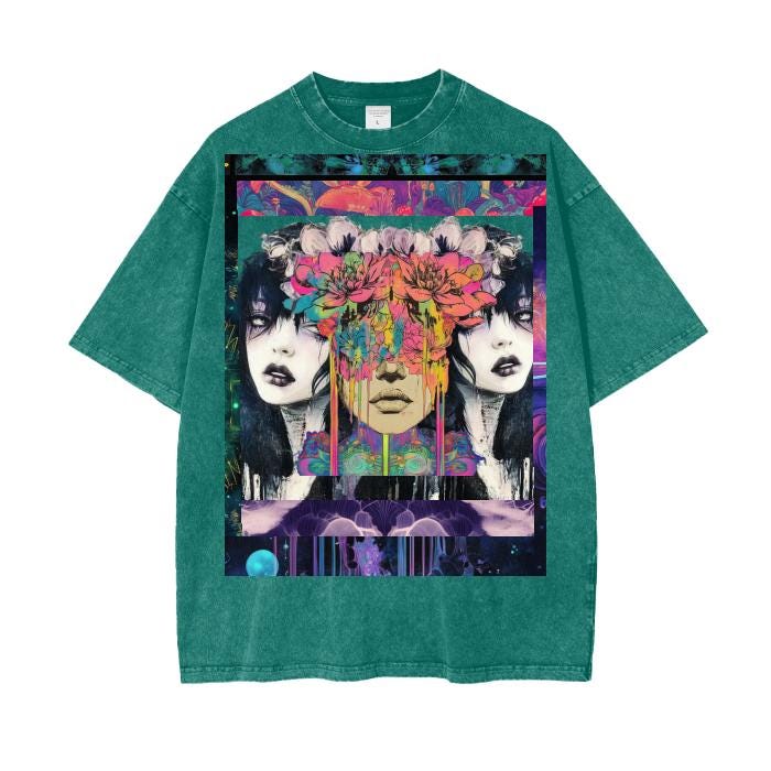 Galactic Lotus Blotter 3 Dimensional Festival Psychedelic Ink Drip Shamanink Bordered Acid Wash Oversize T-Shirt - 250 GSM
