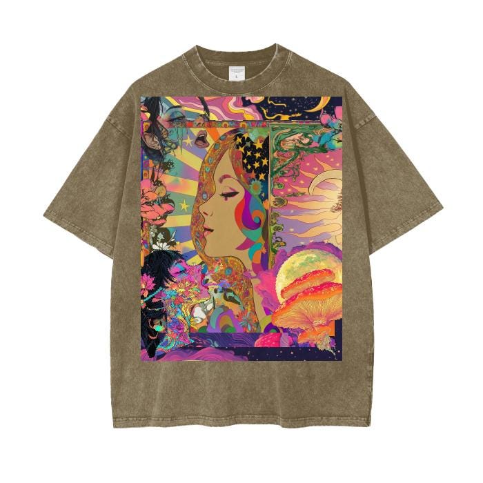 Art Nouveau Psychedelic Galactic Moon Burst Gaelic Summer Of Love Festival Acid Wash Oversize T-Shirt