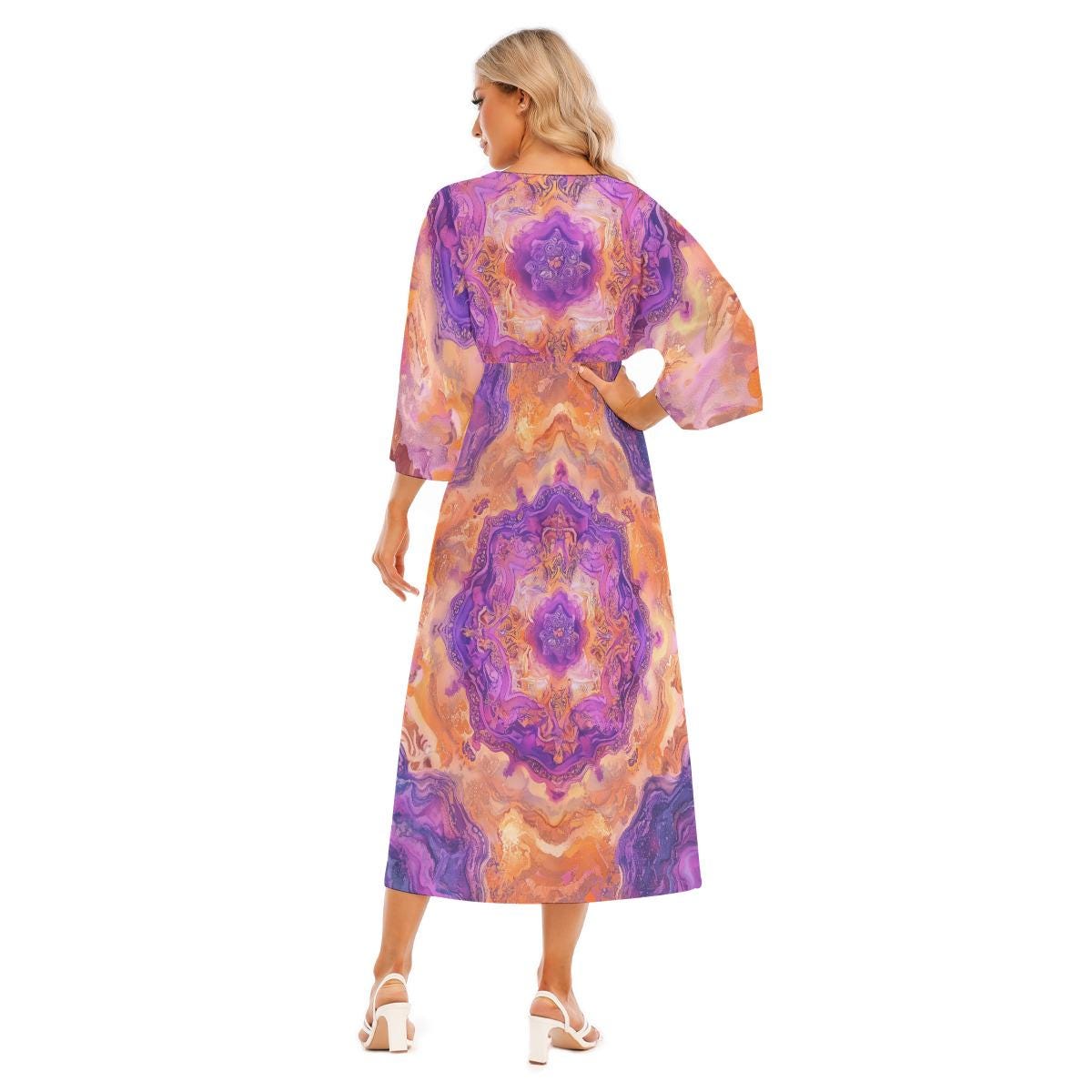 Lilac Crystal Geode Marble Chakra Psy Festival V Neck All-Over Print Women's Mid-Sleeve Long Dress