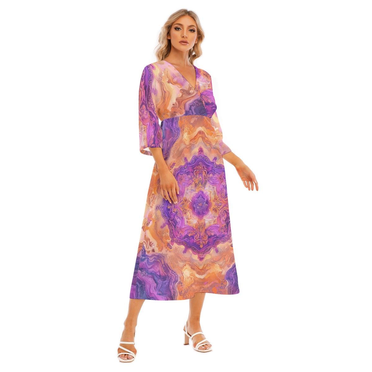 Lilac Crystal Geode Marble Chakra Psy Festival Maxi All-Over Print Women's Mid-Sleeve Long Dress