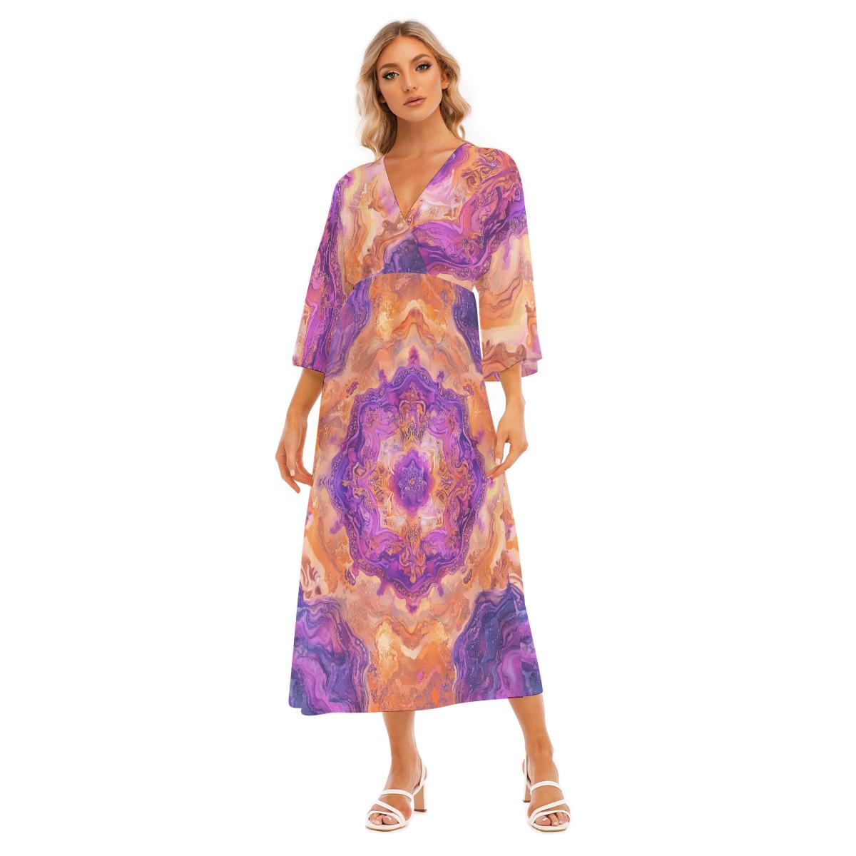 Lilac Crystal Geode Marble Chakra Psy Festival Maxi All-Over Print Women's Mid-Sleeve Long Dress