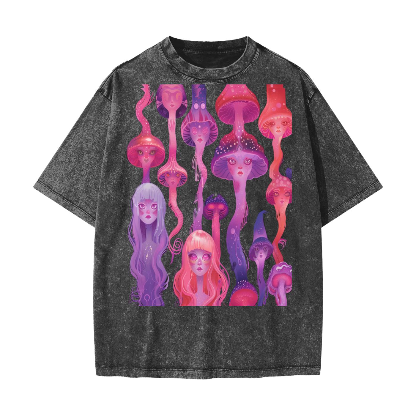 Anime Neon Jellyfish Laava Lamp Yokai Woman Rave Liquid Drip Streetwear American Vintage Waxed Dyed Washed  Heavyweight 100% Cotton T-Shirt