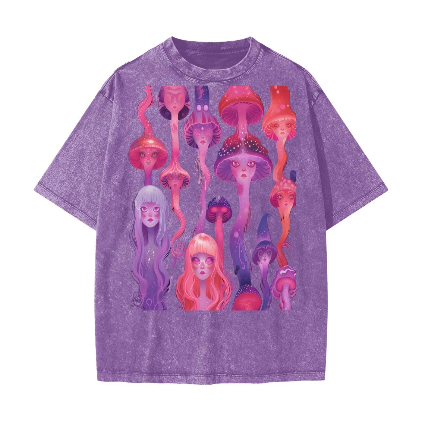 Anime Neon Jellyfish Laava Lamp Yokai Woman Rave Liquid Drip Streetwear American Vintage Waxed Dyed Washed  Heavyweight 100% Cotton T-Shirt