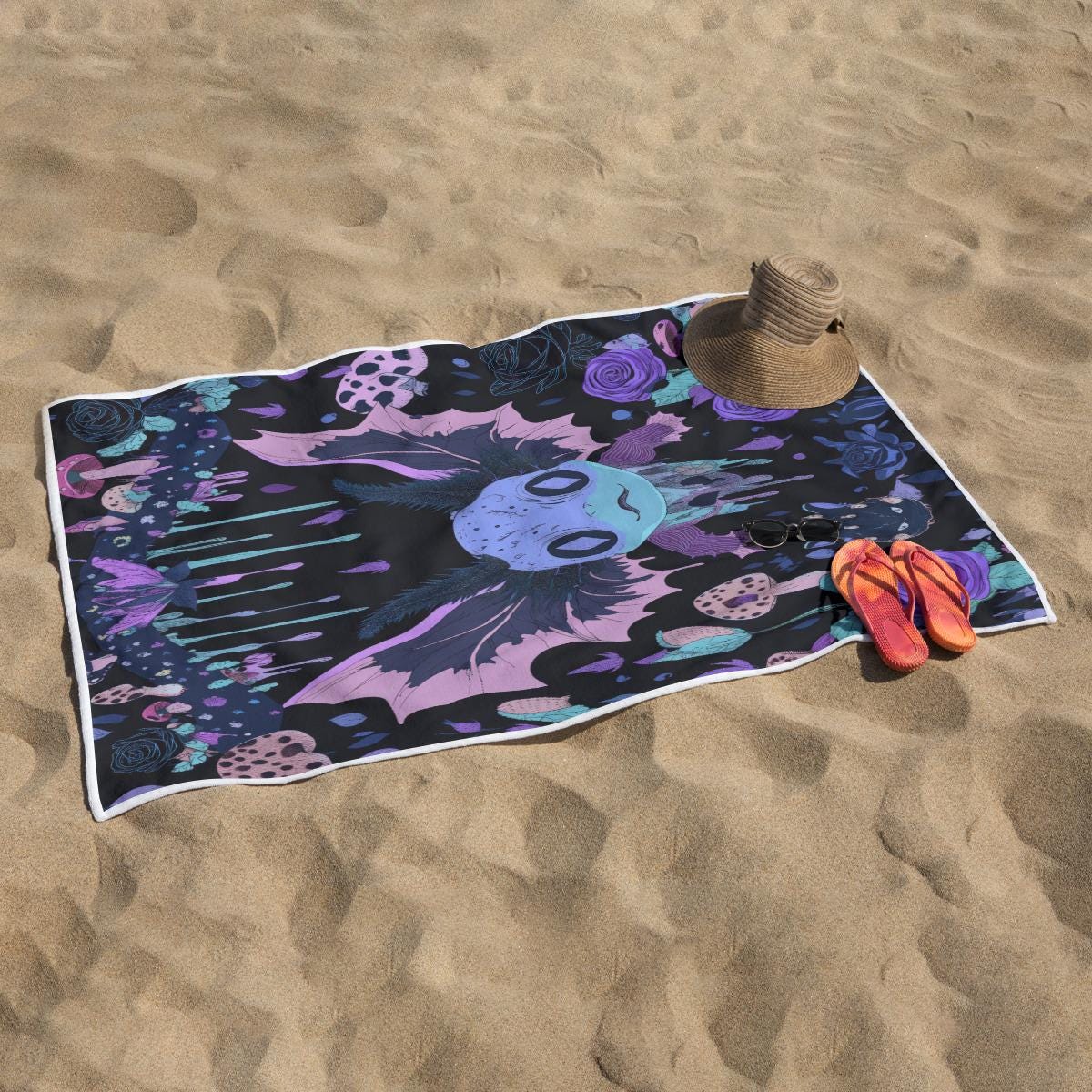 Axolotl Mushroom Pastel Goth Rave High Contrast Purple Goth Drip Festival Rave Rectangular Beach Towel