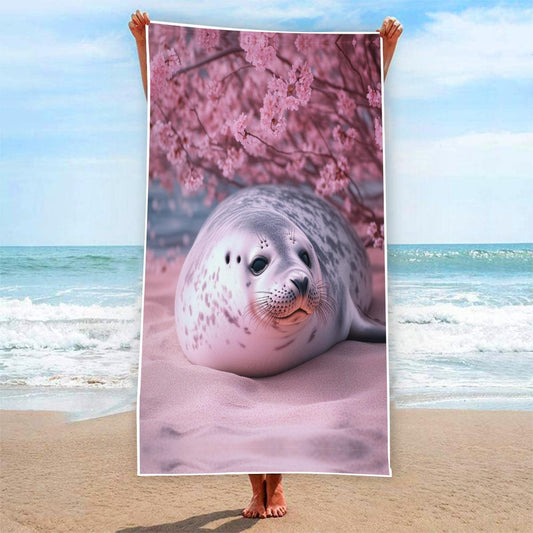 Spotted Beach Seal Under Cherry Blossom Tree Rectangular Beach Towel