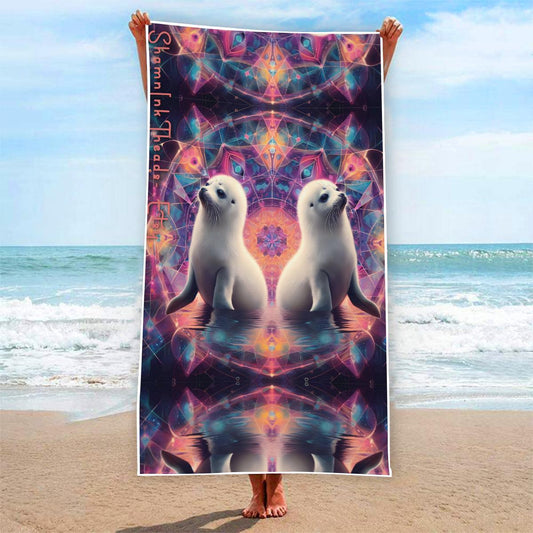 Dancing Harp Seals Fractal Purple Chakra Psy Geometry Burst Rave Festival Rectangular Beach Towel