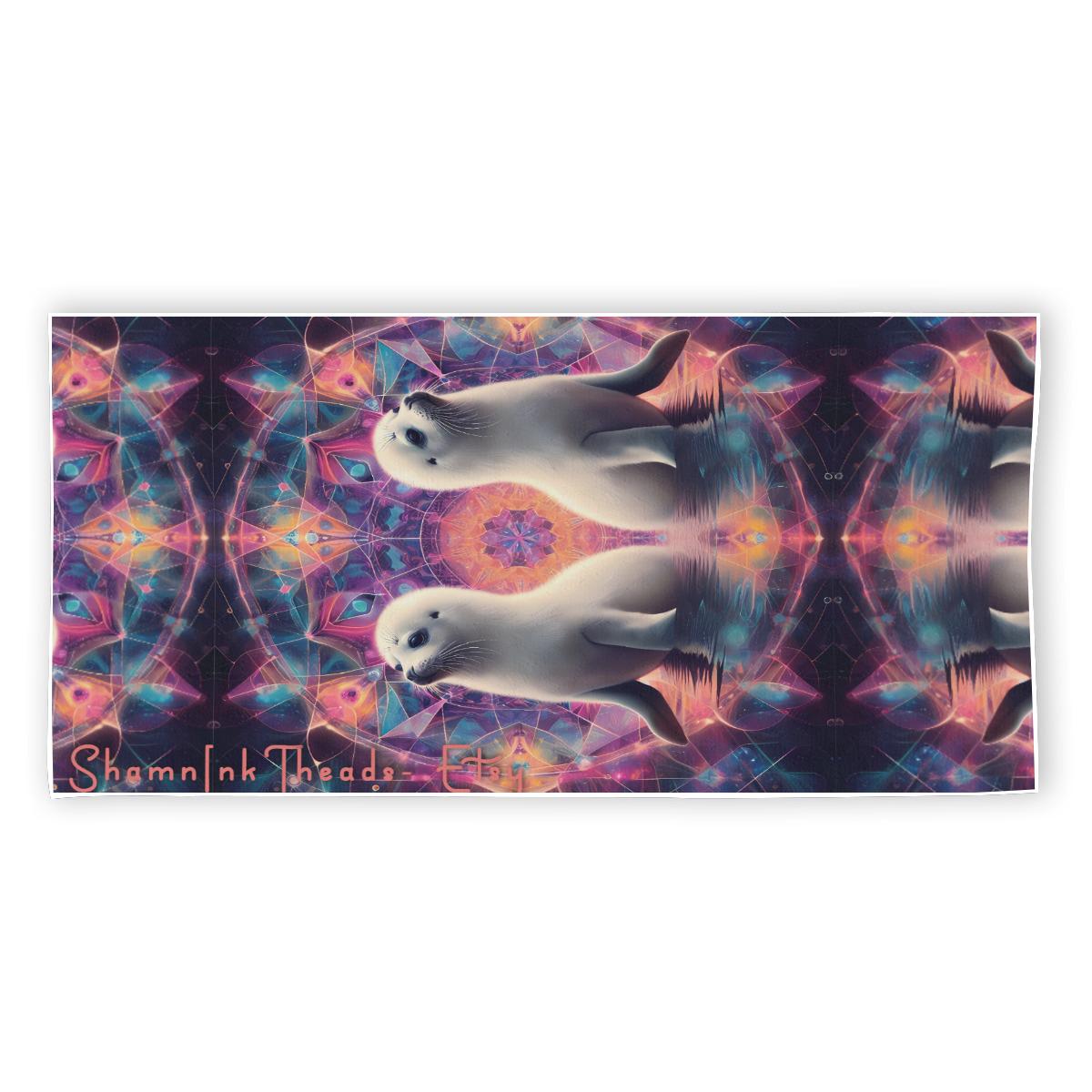 Dancing Harp Seals Fractal Purple Chakra Psy Geometry Burst Rave Festival Rectangular Beach Towel
