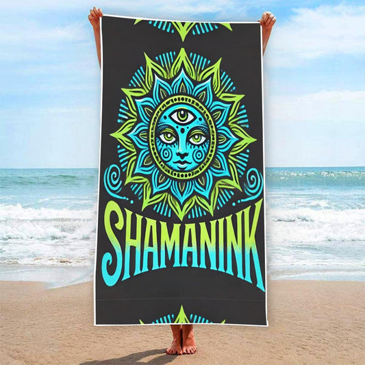 ShamanInk Threads Sun Green Blue Logo Rectangular Beach Towel