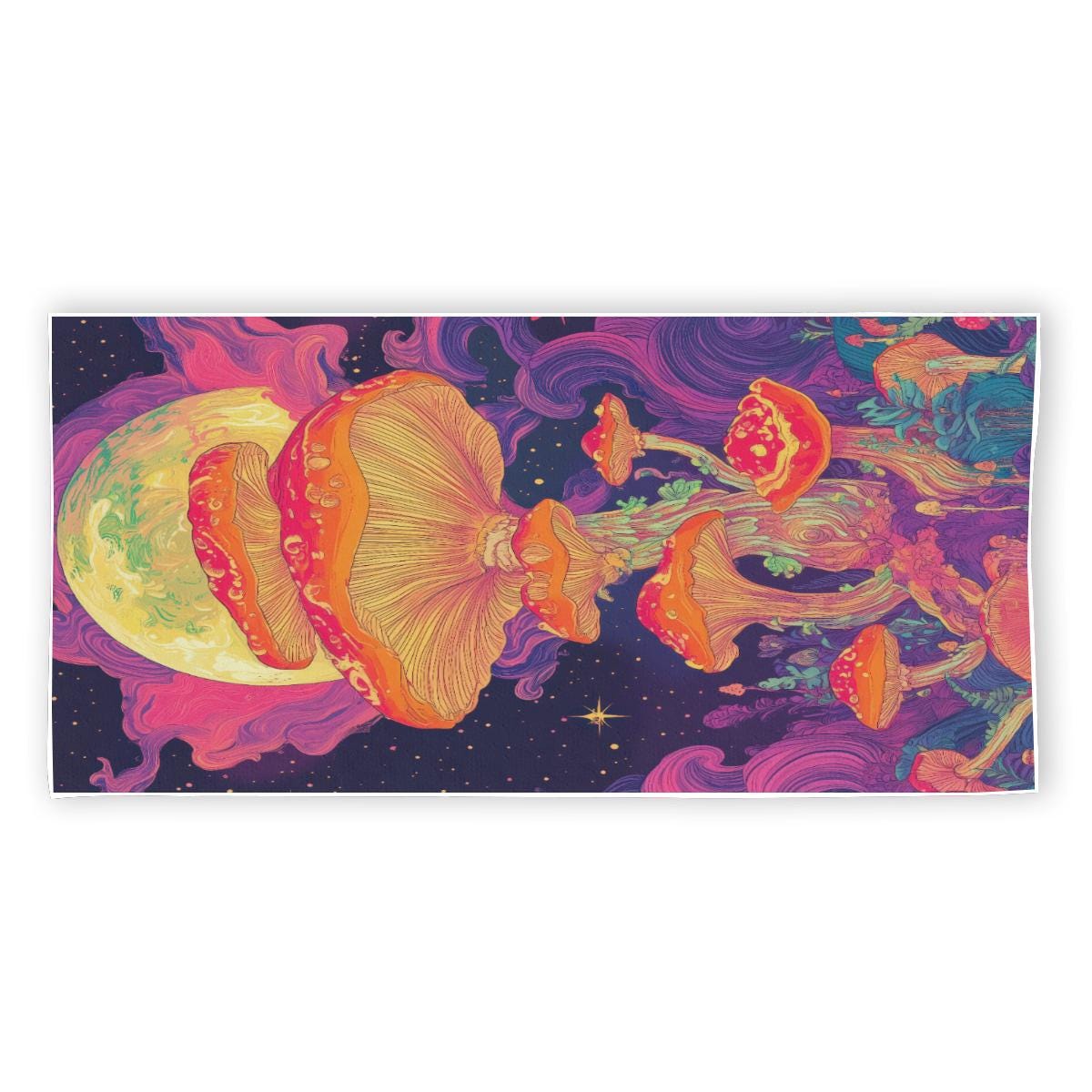 Galactic Purple Mushroom Full Moon Neon Rave Festival Rectangular Beach Towel