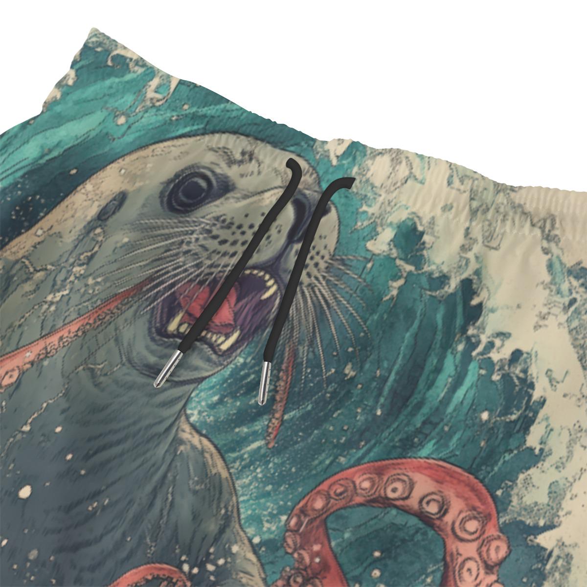 Anime-Inspired Kraken & Seal Swim Shorts | Colorful Edo Japan Yokai Ocean Wave Beachwear Summer Swim Trunks