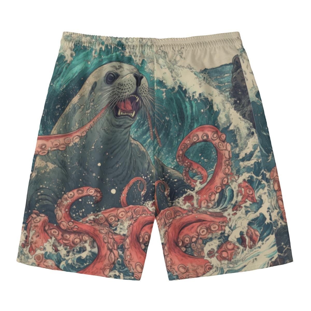 Anime-Inspired Kraken & Seal Swim Shorts | Colorful Edo Japan Yokai Ocean Wave Beachwear Summer Swim Trunks