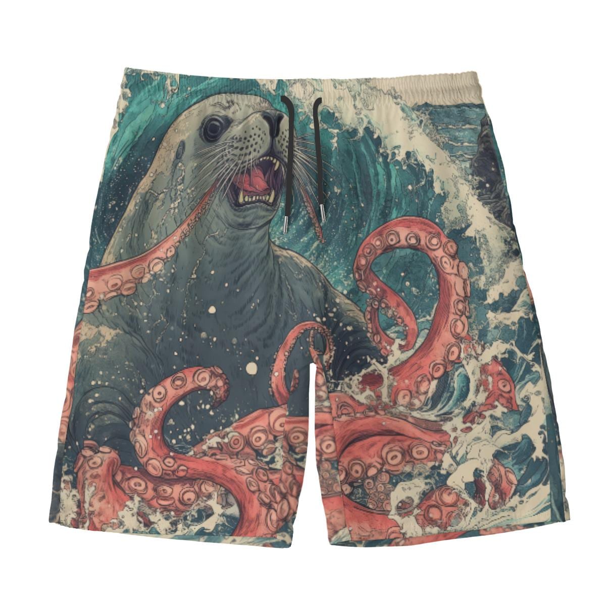 Anime-Inspired Kraken & Seal Swim Shorts | Colorful Edo Japan Yokai Ocean Wave Beachwear Summer Swim Trunks