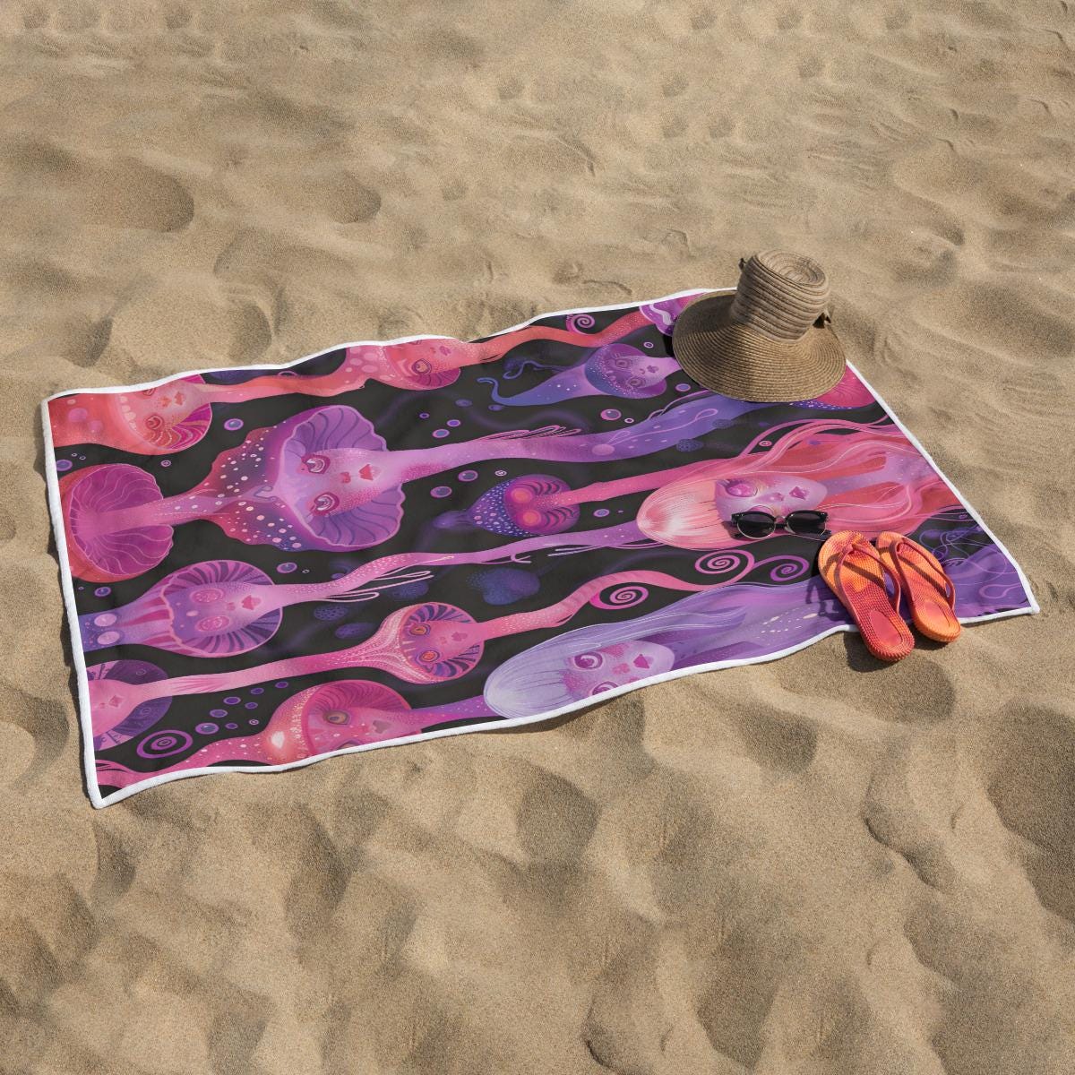 Anime Neon Jellyfish Laava Lamp Yokai Rave Liquid Drip Rectangular Beach Towel