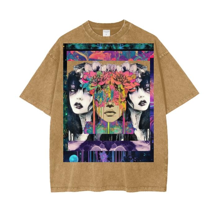 Galactic Lotus Blotter 3 Dimensional Festival Psychedelic Ink Drip Shamanink Bordered Acid Wash Oversize T-Shirt - 250 GSM