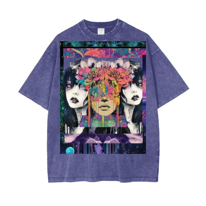 Galactic Lotus Blotter 3 Dimensional Festival Psychedelic Ink Drip Shamanink Bordered Acid Wash Oversize T-Shirt - 250 GSM