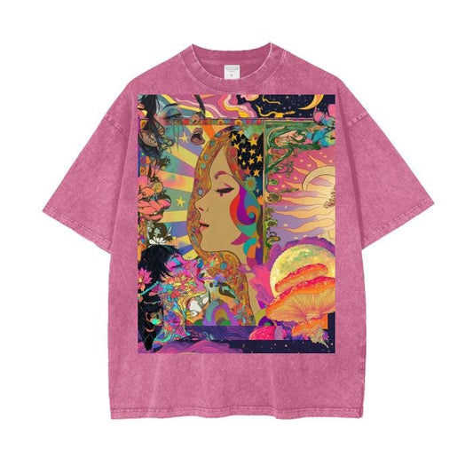 Art Nouveau Psychedelic Galactic Moon Burst Gaelic Summer Of Love Festival Acid Wash Oversize T-Shirt