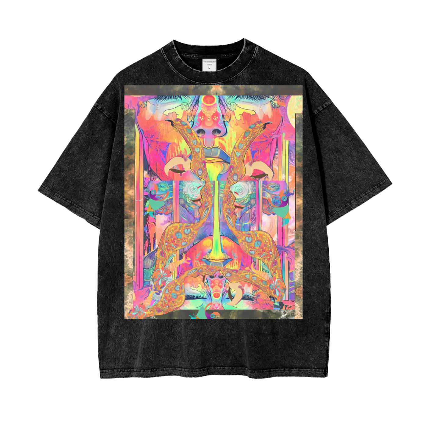 Neon Drip Psychedelic Dimensional Lumerian Atlantis Doorway Festival Psy Acid Wash Oversize T-Shirt -
