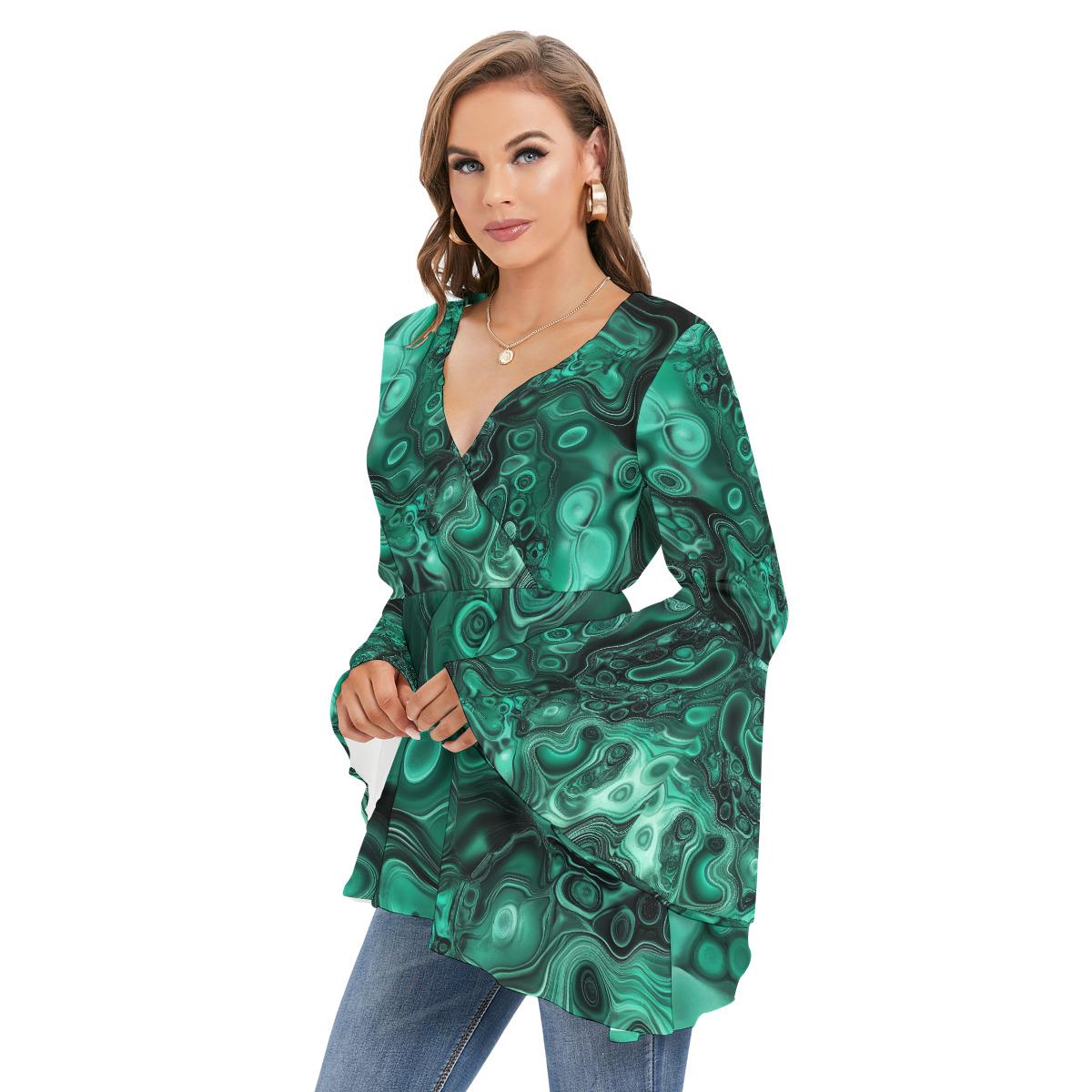 Emerald Green Malachite Geode Crystal V Neck Renassiance Bell Sleeve Boho Top