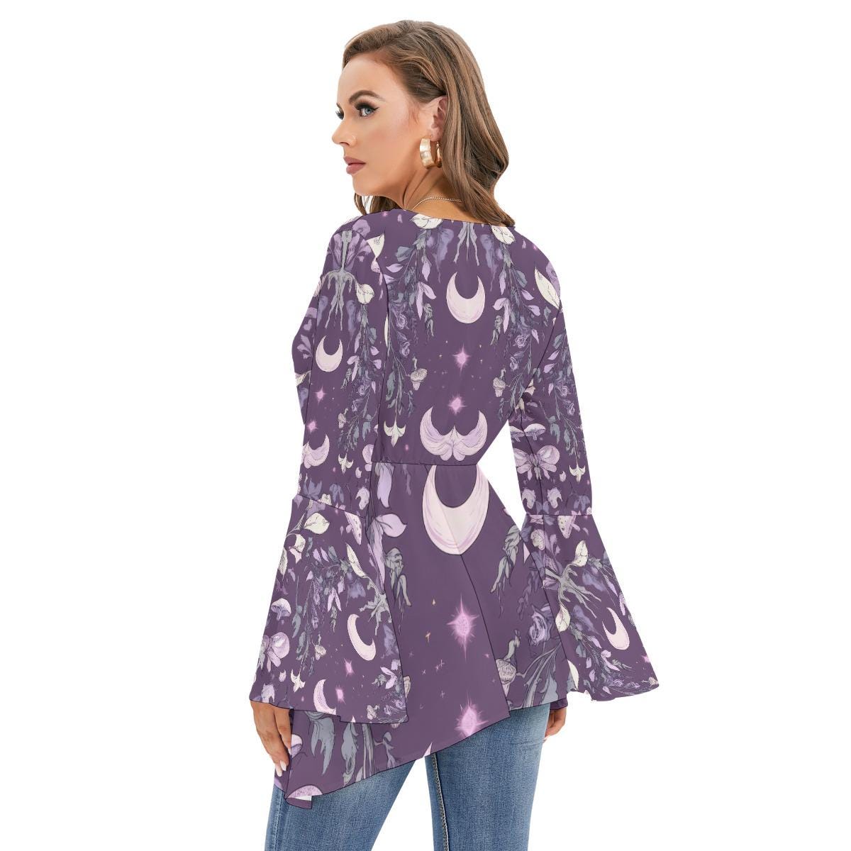 Purple Cottage Crescent Moon Renassiance Mushroom  V Neck Flare Bell Sleeve top