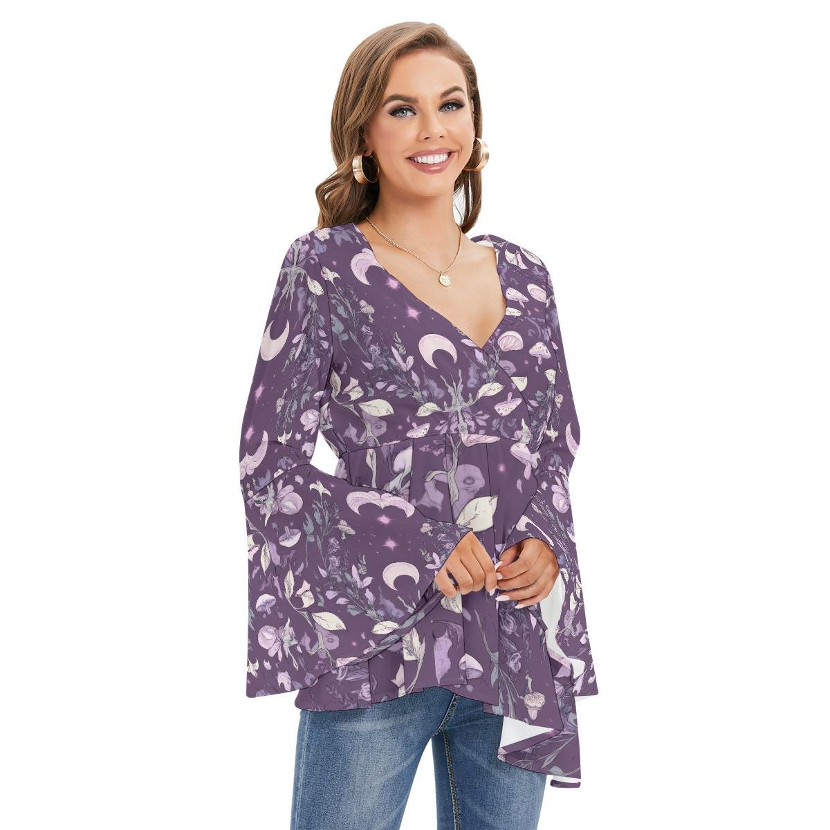 Purple Cottage Crescent Moon Renassiance Mushroom  V Neck Flare Bell Sleeve top